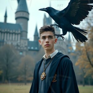 Explore AI-generated House Ravenclaw art handsome shirtless wizards from the raven house of Hogwarts summoning massive protective ravens. Fantasy wizard school digital art.
