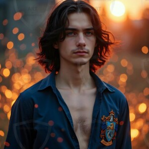 Explore AI-generated House Ravenclaw art handsome shirtless wizards from the raven house of Hogwarts summoning massive protective ravens. Fantasy wizard school digital art.