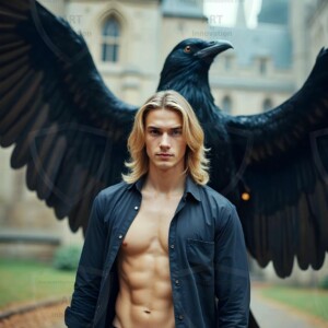 Explore AI-generated House Ravenclaw art handsome shirtless wizards from the raven house of Hogwarts summoning massive protective ravens. Fantasy wizard school digital art.