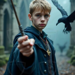 Explore AI-generated House Ravenclaw art handsome shirtless wizards from the raven house of Hogwarts summoning massive protective ravens. Fantasy wizard school digital art.