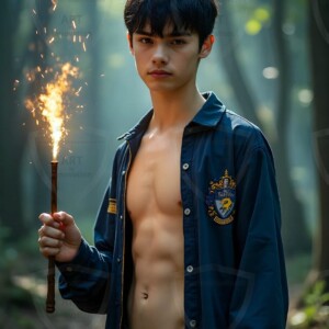 Explore AI-generated House Ravenclaw art handsome shirtless wizards from the raven house of Hogwarts summoning massive protective ravens. Fantasy wizard school digital art.