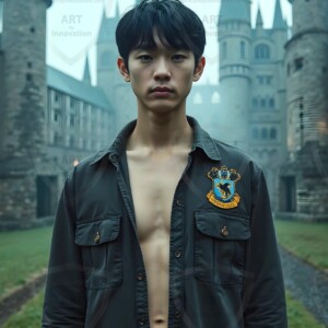 Explore AI-generated House Ravenclaw art handsome shirtless wizards from the raven house of Hogwarts summoning massive protective ravens. Fantasy wizard school digital art.