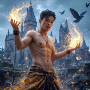 Explore AI-generated House Ravenclaw art — handsome shirtless wizards from the raven house of Hogwarts summoning massive protective ravens. Fantasy wizard school digital art.