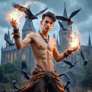Explore AI-generated House Ravenclaw art — handsome shirtless wizards from the raven house of Hogwarts summoning massive protective ravens. Fantasy wizard school digital art.