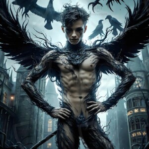 Explore AI-generated House Ravenclaw art — handsome shirtless wizards from the raven house of Hogwarts summoning massive protective ravens. Fantasy wizard school digital art.