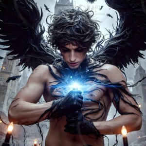 Explore AI-generated House Ravenclaw art — handsome shirtless wizards from the raven house of Hogwarts summoning massive protective ravens. Fantasy wizard school digital art.