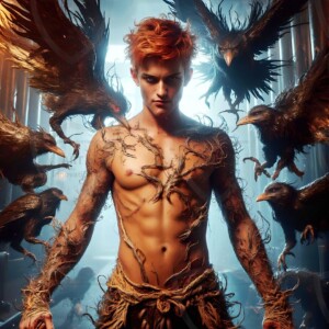 Explore AI-generated House Ravenclaw art — handsome shirtless wizards from the raven house of Hogwarts summoning massive protective ravens. Fantasy wizard school digital art.