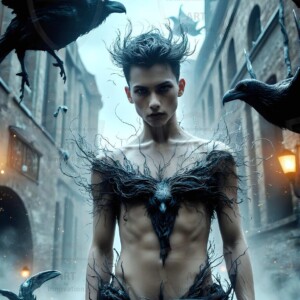 Explore AI-generated House Ravenclaw art — handsome shirtless wizards from the raven house of Hogwarts summoning massive protective ravens. Fantasy wizard school digital art.