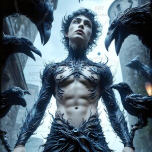 Explore AI-generated House Ravenclaw art — handsome shirtless wizards from the raven house of Hogwarts summoning massive protective ravens. Fantasy wizard school digital art.