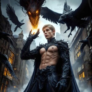 Explore AI-generated House Ravenclaw art — handsome shirtless wizards from the raven house of Hogwarts summoning massive protective ravens. Fantasy wizard school digital art.