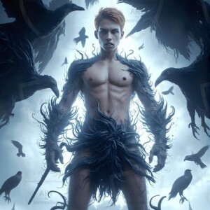 Explore AI-generated House Ravenclaw art — handsome shirtless wizards from the raven house of Hogwarts summoning massive protective ravens. Fantasy wizard school digital art.