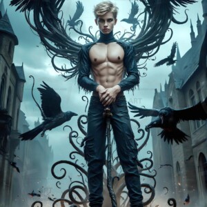 Explore AI-generated House Ravenclaw art — handsome shirtless wizards from the raven house of Hogwarts summoning massive protective ravens. Fantasy wizard school digital art.