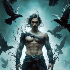 Explore AI-generated House Ravenclaw art — handsome shirtless wizards from the raven house of Hogwarts summoning massive protective ravens. Fantasy wizard school digital art.
