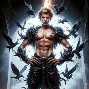 Explore AI-generated House Ravenclaw art — handsome shirtless wizards from the raven house of Hogwarts summoning massive protective ravens. Fantasy wizard school digital art.