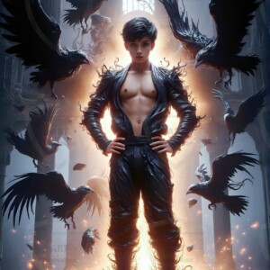 Explore AI-generated House Ravenclaw art — handsome shirtless wizards from the raven house of Hogwarts summoning massive protective ravens. Fantasy wizard school digital art.