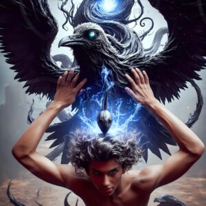 Explore AI-generated House Ravenclaw art — handsome shirtless wizards from the raven house of Hogwarts summoning massive protective ravens. Fantasy wizard school digital art.