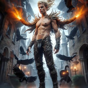 Explore AI-generated House Ravenclaw art — handsome shirtless wizards from the raven house of Hogwarts summoning massive protective ravens. Fantasy wizard school digital art.