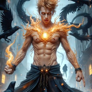 Explore AI-generated House Ravenclaw art — handsome shirtless wizards from the raven house of Hogwarts summoning massive protective ravens. Fantasy wizard school digital art.