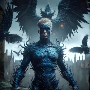 Explore AI-generated House Ravenclaw art — handsome shirtless wizards from the raven house of Hogwarts summoning massive protective ravens. Fantasy wizard school digital art.