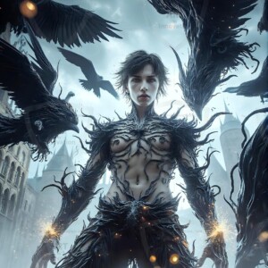 Explore AI-generated House Ravenclaw art — handsome shirtless wizards from the raven house of Hogwarts summoning massive protective ravens. Fantasy wizard school digital art.