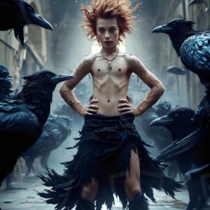 Explore AI-generated House Ravenclaw art — handsome shirtless wizards from the raven house of Hogwarts summoning massive protective ravens. Fantasy wizard school digital art.