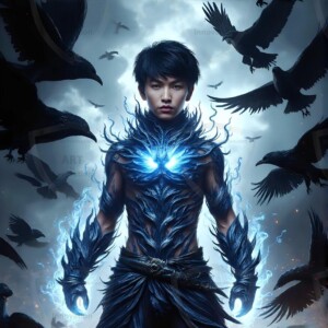 Explore AI-generated House Ravenclaw art — handsome shirtless wizards from the raven house of Hogwarts summoning massive protective ravens. Fantasy wizard school digital art.