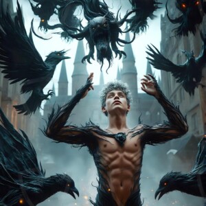 Explore AI-generated House Ravenclaw art — handsome shirtless wizards from the raven house of Hogwarts summoning massive protective ravens. Fantasy wizard school digital art.