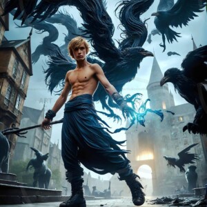 Explore AI-generated House Ravenclaw art — handsome shirtless wizards from the raven house of Hogwarts summoning massive protective ravens. Fantasy wizard school digital art.