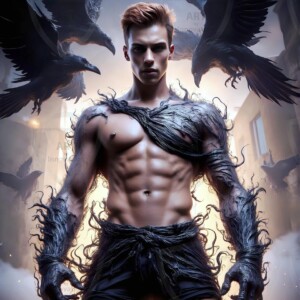 Explore AI-generated House Ravenclaw art — handsome shirtless wizards from the raven house of Hogwarts summoning massive protective ravens. Fantasy wizard school digital art.