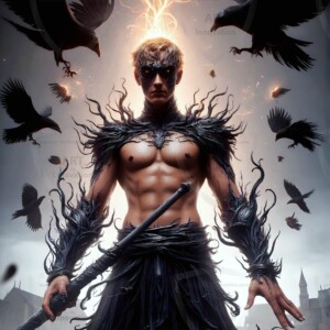 Explore AI-generated House Ravenclaw art — handsome shirtless wizards from the raven house of Hogwarts summoning massive protective ravens. Fantasy wizard school digital art.