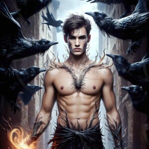 Explore AI-generated House Ravenclaw art — handsome shirtless wizards from the raven house of Hogwarts summoning massive protective ravens. Fantasy wizard school digital art.