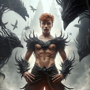 Explore AI-generated House Ravenclaw art — handsome shirtless wizards from the raven house of Hogwarts summoning massive protective ravens. Fantasy wizard school digital art.