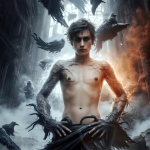 Explore AI-generated House Ravenclaw art — handsome shirtless wizards from the raven house of Hogwarts summoning massive protective ravens. Fantasy wizard school digital art.