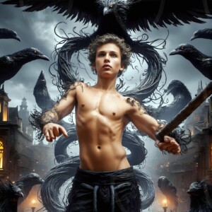 Explore AI-generated House Ravenclaw art — handsome shirtless wizards from the raven house of Hogwarts summoning massive protective ravens. Fantasy wizard school digital art.
