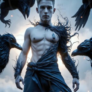 Explore AI-generated House Ravenclaw art — handsome shirtless wizards from the raven house of Hogwarts summoning massive protective ravens. Fantasy wizard school digital art.