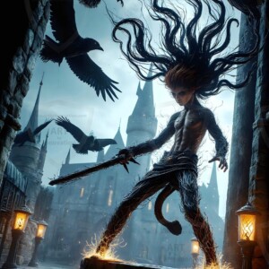 Explore AI-generated House Ravenclaw art — handsome shirtless wizards from the raven house of Hogwarts summoning massive protective ravens. Fantasy wizard school digital art.