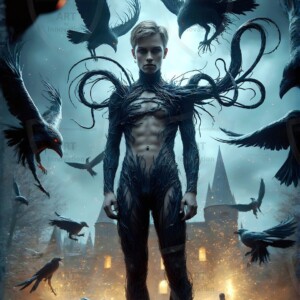 Explore AI-generated House Ravenclaw art — handsome shirtless wizards from the raven house of Hogwarts summoning massive protective ravens. Fantasy wizard school digital art.