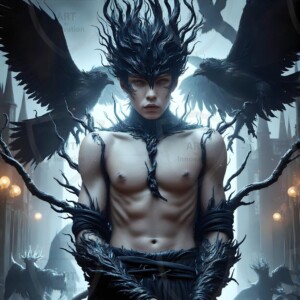 Explore AI-generated House Ravenclaw art — handsome shirtless wizards from the raven house of Hogwarts summoning massive protective ravens. Fantasy wizard school digital art.