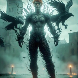 Explore AI-generated House Ravenclaw art — handsome shirtless wizards from the raven house of Hogwarts summoning massive protective ravens. Fantasy wizard school digital art.