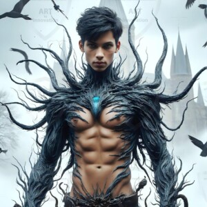 Explore AI-generated House Ravenclaw art — handsome shirtless wizards from the raven house of Hogwarts summoning massive protective ravens. Fantasy wizard school digital art.