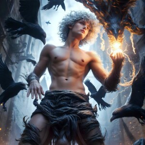 Explore AI-generated House Ravenclaw art — handsome shirtless wizards from the raven house of Hogwarts summoning massive protective ravens. Fantasy wizard school digital art.