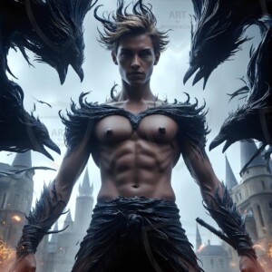 Explore AI-generated House Ravenclaw art — handsome shirtless wizards from the raven house of Hogwarts summoning massive protective ravens. Fantasy wizard school digital art.