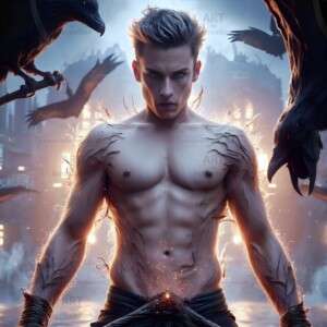 Explore AI-generated House Ravenclaw art — handsome shirtless wizards from the raven house of Hogwarts summoning massive protective ravens. Fantasy wizard school digital art.