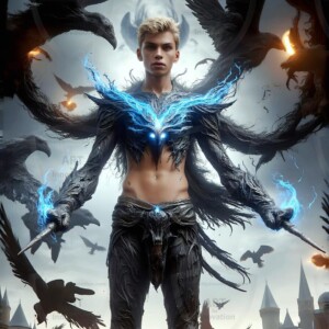 Explore AI-generated House Ravenclaw art — handsome shirtless wizards from the raven house of Hogwarts summoning massive protective ravens. Fantasy wizard school digital art.