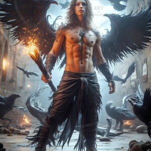 Explore AI-generated House Ravenclaw art — handsome shirtless wizards from the raven house of Hogwarts summoning massive protective ravens. Fantasy wizard school digital art.