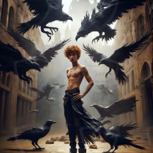 Explore AI-generated House Ravenclaw art — handsome shirtless wizards from the raven house of Hogwarts summoning massive protective ravens. Fantasy wizard school digital art.