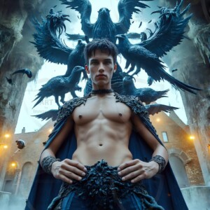 Explore AI-generated House Ravenclaw art — handsome shirtless wizards from the raven house of Hogwarts summoning massive protective ravens. Fantasy wizard school digital art.