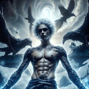 Explore AI-generated House Ravenclaw art — handsome shirtless wizards from the raven house of Hogwarts summoning massive protective ravens. Fantasy wizard school digital art.