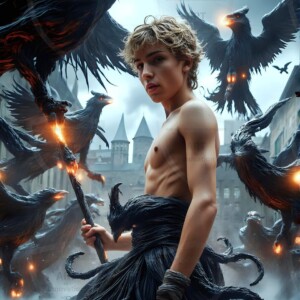 Explore AI-generated House Ravenclaw art — handsome shirtless wizards from the raven house of Hogwarts summoning massive protective ravens. Fantasy wizard school digital art.
