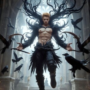 Explore AI-generated House Ravenclaw art — handsome shirtless wizards from the raven house of Hogwarts summoning massive protective ravens. Fantasy wizard school digital art.